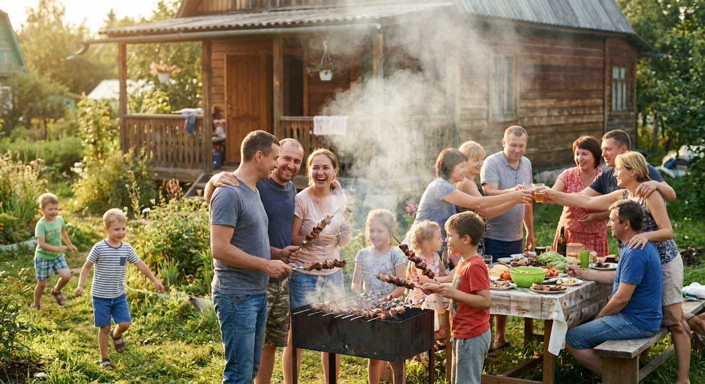 несколько семей с детьми жарят шашлыки у деревянного дома летом